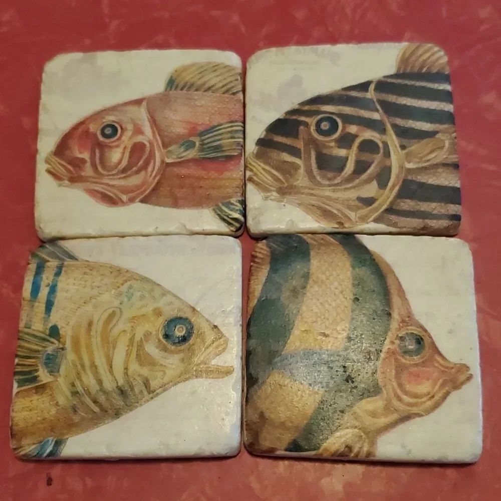 Tim Coffey Fish Sone Coasters Set of 4 Cork Backs Fishing Man Cave Marine Life